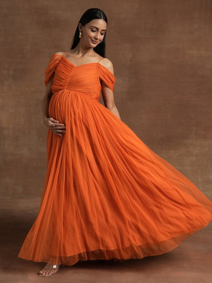 Romantic Tulle Maternity Maxi Dress- Orange