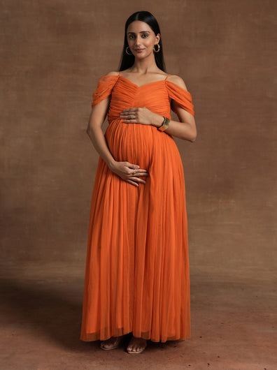 Romantic Tulle Maternity Maxi Dress- Orange