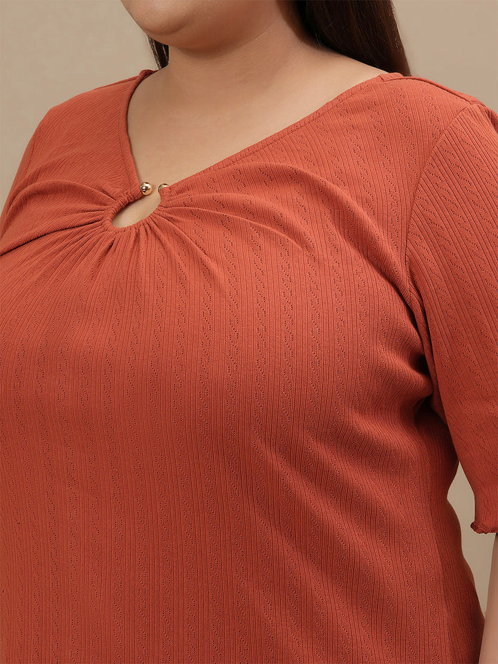 Close-up view of Orange Plus Size V Neck Top showing V neckline and lightweight fabric texture