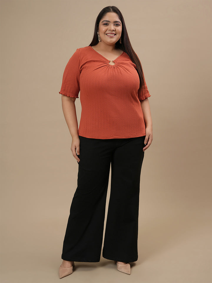 Orange Plus Size V Neck Top