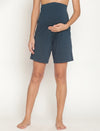 Maternity High-rise Over-belly Shorts with Adjustable Drawstring- Indigo Blue
