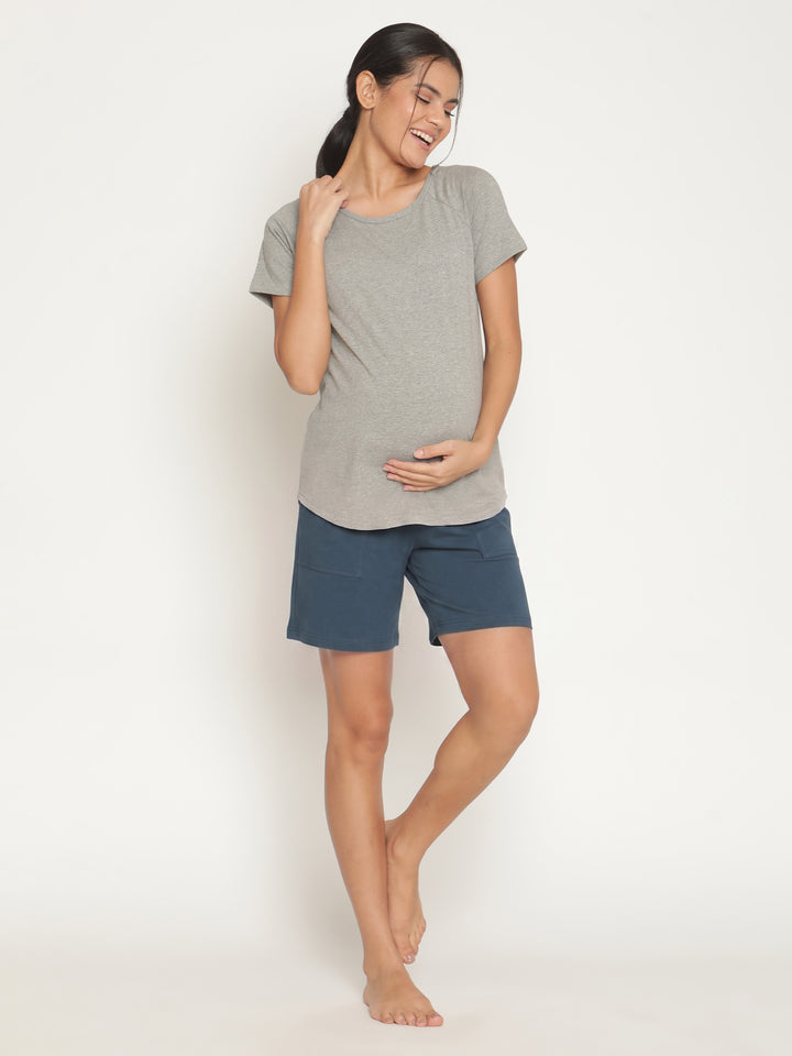 Maternity High-rise Over-belly Shorts with Adjustable Drawstring- Indigo Blue
