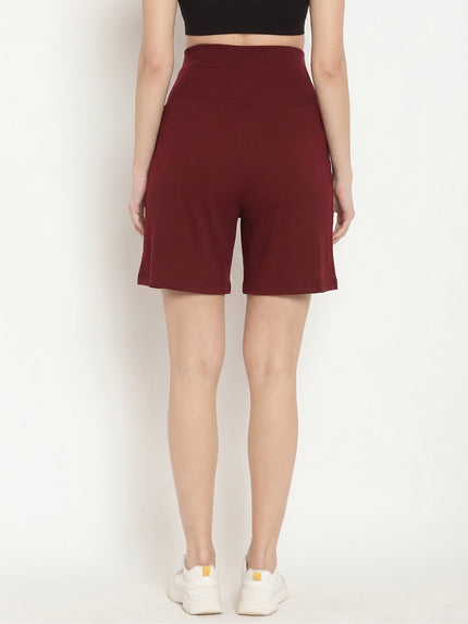 Maternity High-rise Over-belly Shorts with Adjustable Drawstring- Wine Berry