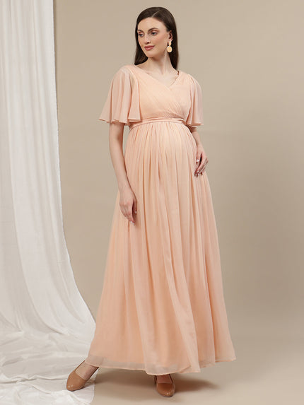 Buy Peach Maternity Pleated Gown Buy Peach Maternity Pleated Gown