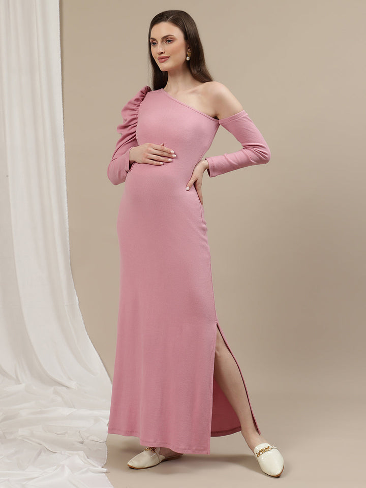 One-Shoulder Maternity Bodycon Dress- Pink