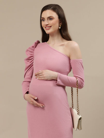 One-Shoulder Maternity Bodycon Dress- Pink One-Shoulder Maternity Bodycon Dress- Pink