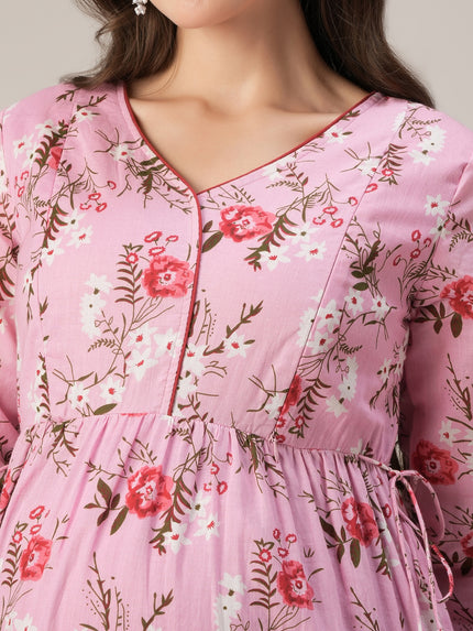 Pink Floral Cotton Maternity & Nursing Tiered Kurta Dress