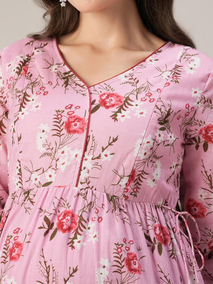 Pink Floral Cotton Maternity & Nursing Tiered Kurta Dress