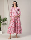 Pink Floral Cotton Maternity & Nursing Tiered Kurta Dress