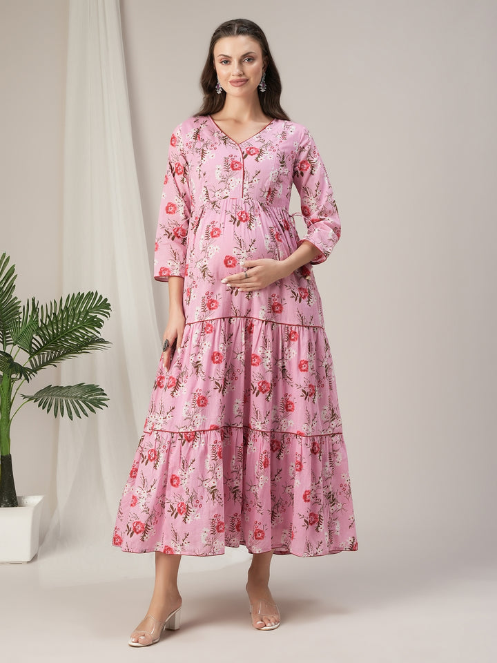 Pink Floral Cotton Maternity & Nursing Tiered Kurta Dress