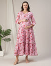 Pink Floral Cotton Maternity & Nursing Tiered Kurta Dress