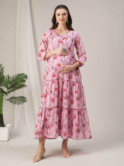 Pink Floral Cotton Maternity & Nursing Tiered Kurta Dress
