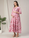 Pink Floral Cotton Maternity & Nursing Tiered Kurta Dress