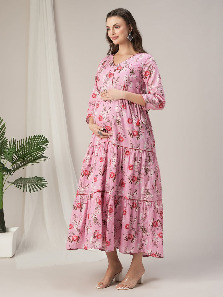 Pink Floral Cotton Maternity & Nursing Tiered Kurta Dress