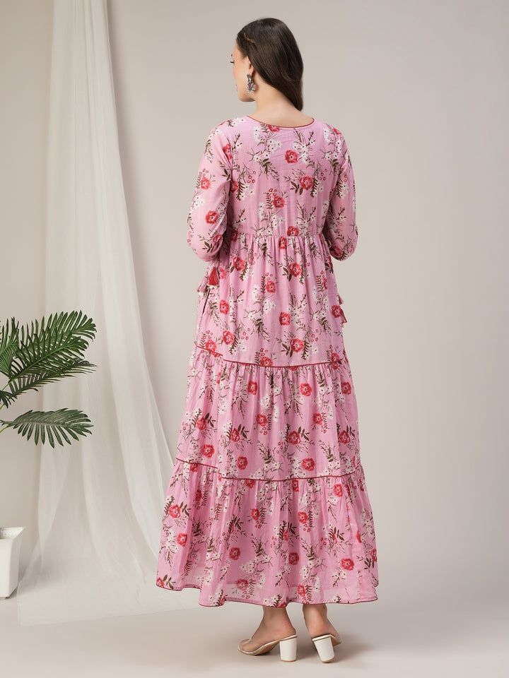 Pink Floral Cotton Maternity & Nursing Tiered Kurta Dress