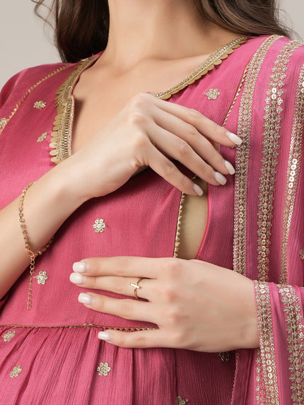 Pink Embroidered Maternity & Nursing A-Line Kurta Set with Dupatta