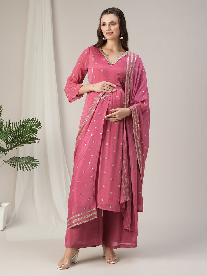 Pink Embroidered Maternity & Nursing A-Line Kurta Set with Dupatta