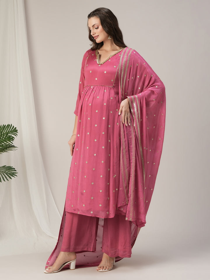 Pink Embroidered Maternity & Nursing A-Line Kurta Set with Dupatta