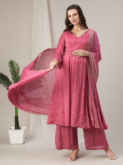 Pink Embroidered Maternity & Nursing A-Line Kurta Set with Dupatta