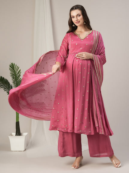 Pink Embroidered Maternity & Nursing A-Line Kurta Set with Dupatta