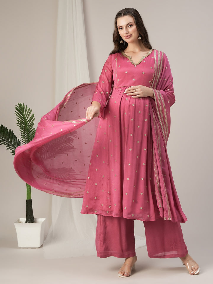 Pink Embroidered Maternity & Nursing A-Line Kurta Set with Dupatta