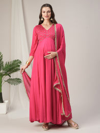 Pink Flared Maternity Anarkali Kurta with Dupatta Set