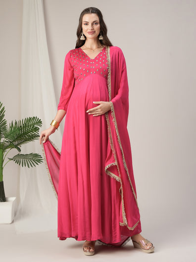 Pink Flared Maternity Anarkali Kurta with Dupatta Set