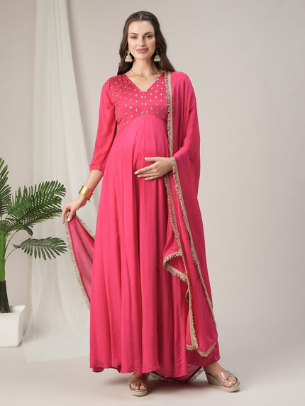 Pink Flared Maternity Anarkali Kurta with Dupatta Set