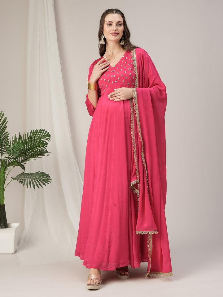 Pink Flared Maternity Anarkali Kurta with Dupatta Set