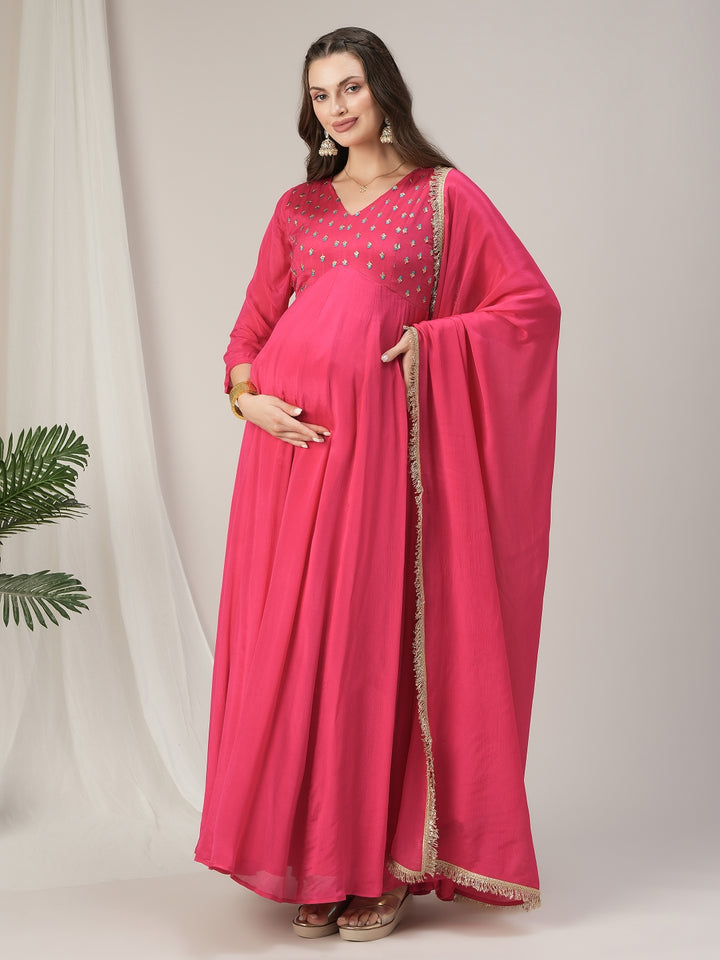 Pink Flared Maternity Anarkali Kurta with Dupatta Set