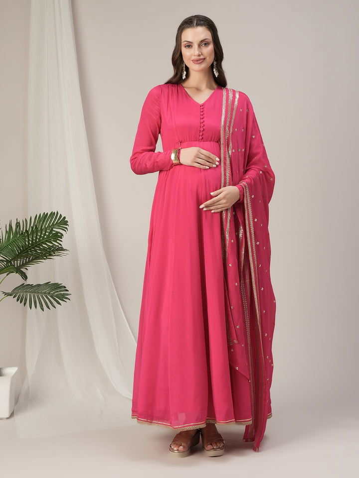 Pink Kalidaar Maternity & Nursing Kurta with Dupatta Set