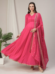 Pink Kalidaar Maternity & Nursing Kurta with Dupatta Set