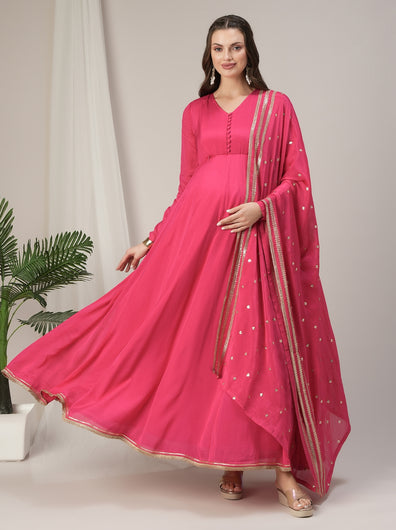 Pink Kalidaar Maternity & Nursing Kurta with Dupatta Set