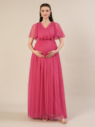 Pink Floor-Length Maternity Maxi Formal Gown with Detachable belt