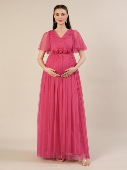 Pink Floor-Length Maternity Maxi Formal Gown with Detachable belt
