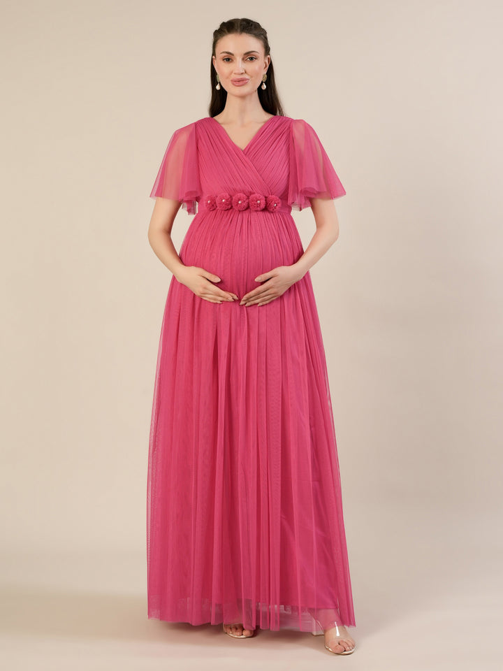 Pink Floor-Length Maternity Maxi Formal Gown with Detachable belt