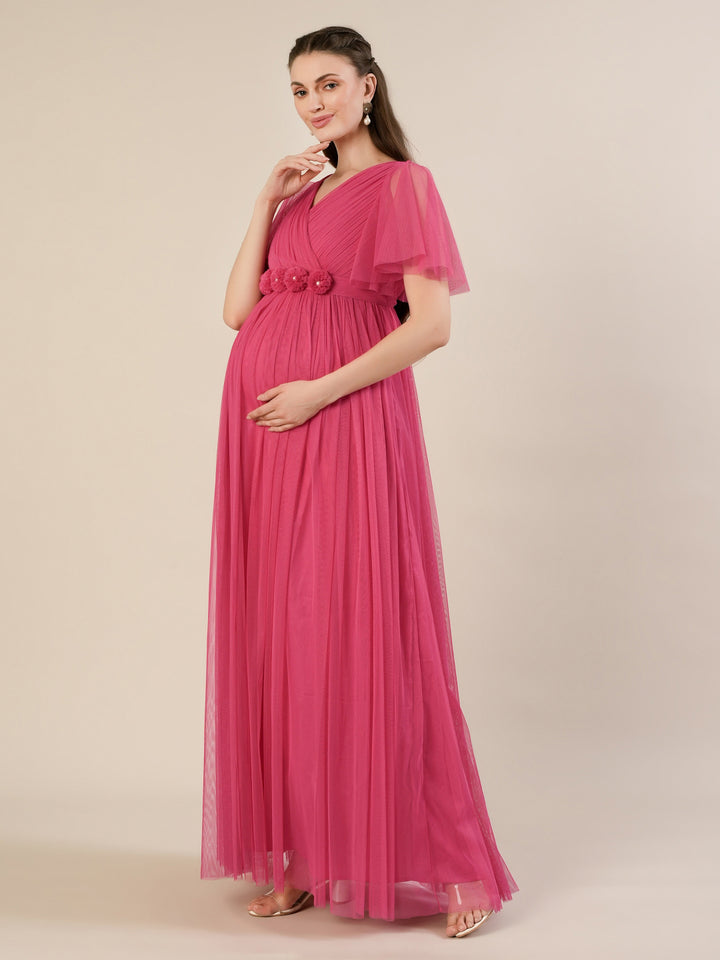 Pink Floor-Length Maternity Maxi Formal Gown with Detachable belt