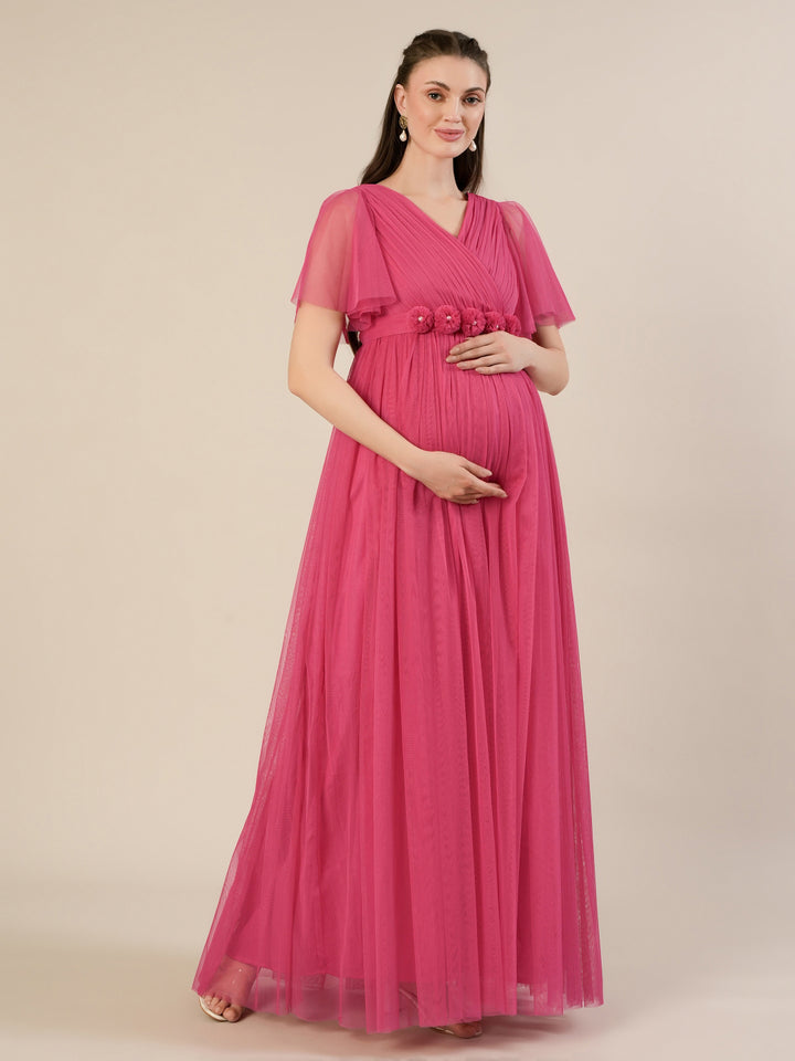 Pink Floor-Length Maternity Maxi Formal Gown with Detachable belt