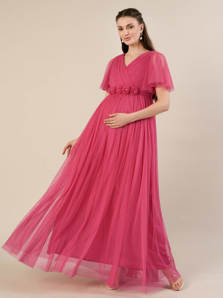 Pink Maternity Maxi Formal Gown with Detachable Train