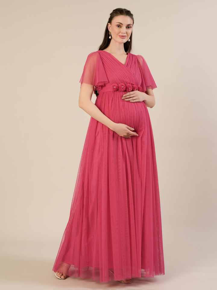 Pink Maternity Maxi Formal Gown with Detatchable Train