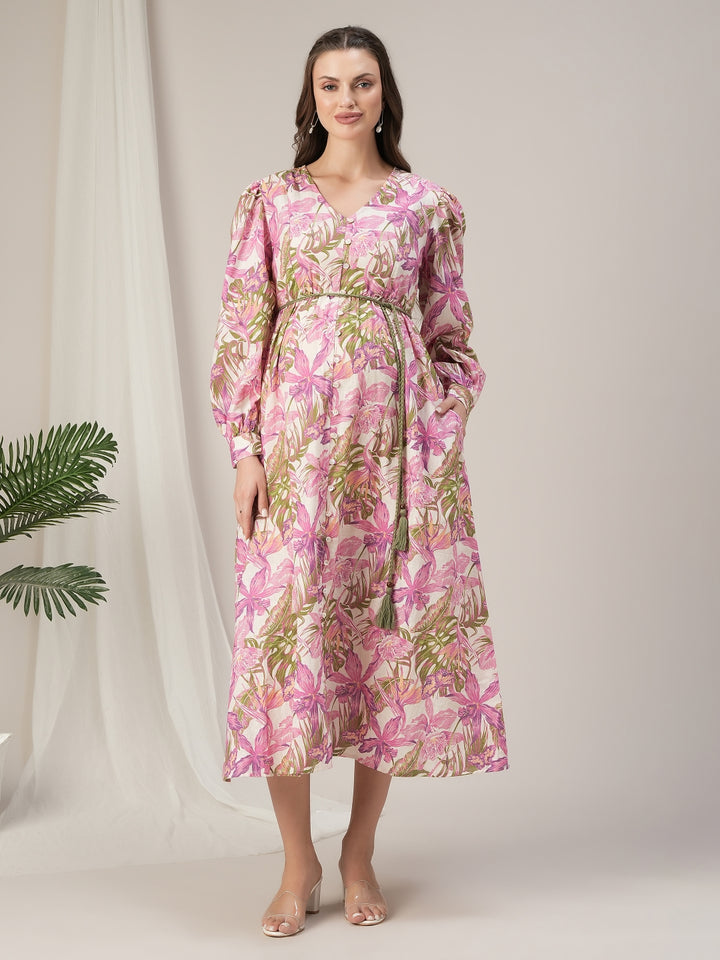 Maternity & Nursing Pink Floral Cotton Maxi Dress