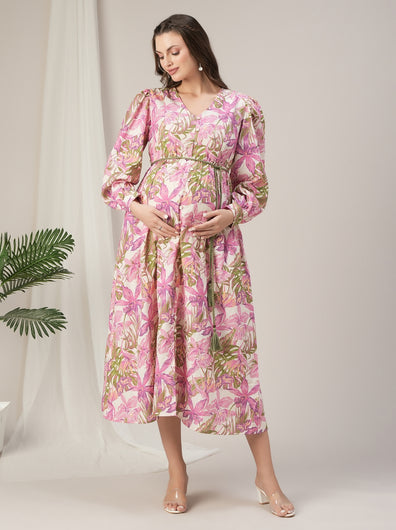 Maternity & Nursing Pink Floral Cotton Maxi Dress
