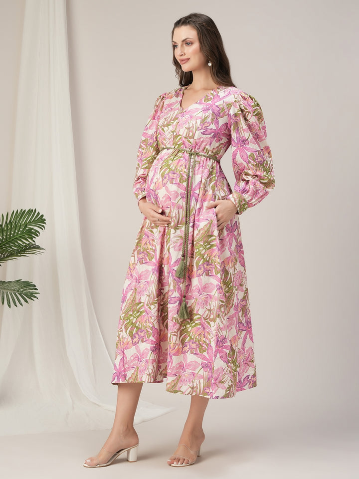 Maternity & Nursing Pink Floral Cotton Maxi Dress