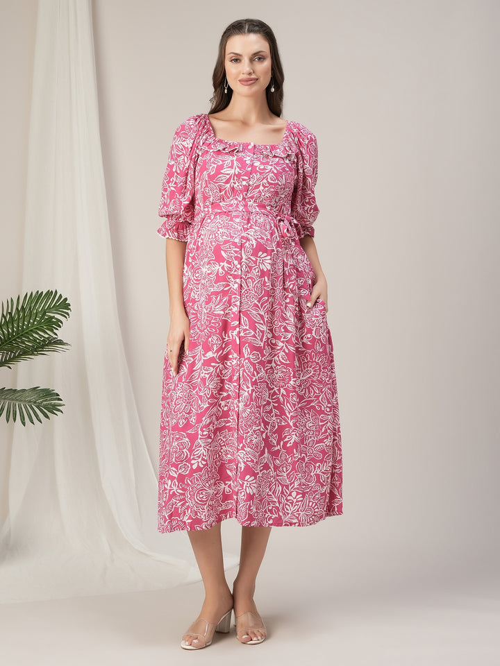 Maternity & Nursing Pink Floral Buttondown Maxi Dress