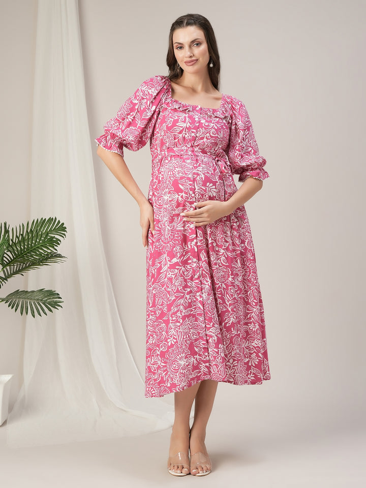 Maternity & Nursing Pink Floral Buttondown Maxi Dress