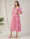Maternity & Nursing Pink Floral Buttondown Maxi Dress