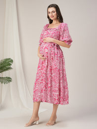 Maternity & Nursing Pink Floral Buttondown Maxi Dress