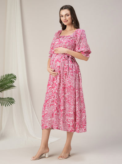 Maternity & Nursing Pink Floral Buttondown Maxi Dress