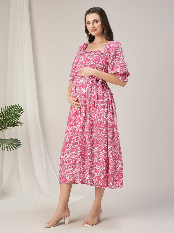 Maternity & Nursing Pink Floral Buttondown Maxi Dress