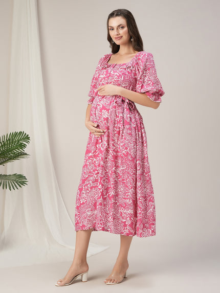 Maternity & Nursing Pink Floral Buttondown Maxi Dress